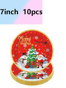 10pcs Red Santa Claus Themed Party Tableware, Paper Cups, Paper Plates, Tissues, Christmas Decorations - Multicolor - View 2