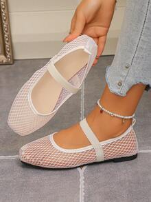 Women's White Mesh Breathable One-Strap Mary Jane Square Toe Flat Ballet Shoes Autumn Footwear - White Mesh - White Grid - View 5