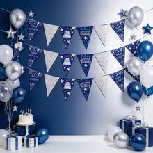 10/20/30 PCS Navy Blue Silver Bead Birthday Triangle Banner, Star-Cake Balloon Pattern Flag, Birthday Party Wall Decorative Wreath, Adult Birthday Celebration Photo Background Decorative Items - View 3