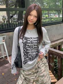 Korean Style Casual Personalized Lace-Up Floral Print Long Sleeve Top Women Autumn/Winter Loose Fit Flattering Drop Shoulder Round Neck Long Length Blouse - Light Grey - View 5