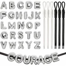 36pcs Silver Letter Bead Set, Includes Woven Rope Decorative Bead Set, Contains 4 Black And White Woven Ropes And 32 Random Silver Letter Beads. Can Be Used To Make Keychains, Bracelets, Necklaces, Shoelace Charms Or Bag Decorations. - Silver - View 1