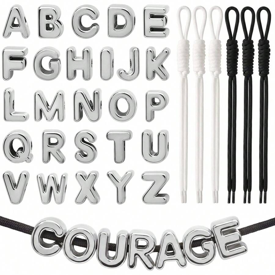 36pcs Silver Letter Bead Set, Includes Woven Rope Decorative Bead Set, Contains 4 Black And White Woven Ropes And 32 Random Silver Letter Beads. Can Be Used To Make Keychains, Bracelets, Necklaces, Shoelace Charms Or Bag Decorations. - Silver - View 1