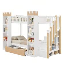 Bunk Bed, Loft Bed, Kids' Bed, 90x200 Cm Wooden Bed With Drawer, Safety Rails And Ladder With Storage, Castle-Shaped Storage, White+Natural Color - White - View 5