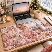 1pc Rococo Paris Lady Mouse Pad, Pink French Cafe, Eiffel Tower, Macaron And Floral Pattern Extended Desk Mat For Home Office And Gaming, Sizes S/M/L/XL - View 2