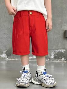 Young Boy Black Denim Shorts With Embroidered Logo, Distressed Wash, Adjustable Elastic Waistband, Stretch Denim Knee Length Pants - Red - View 2