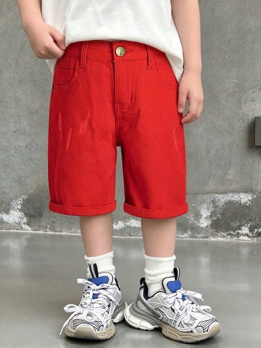 Young Boy Black Denim Shorts With Embroidered Logo, Distressed Wash, Adjustable Elastic Waistband, Stretch Denim Knee Length Pants