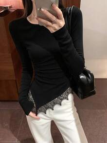 Women's Round Neck Long Sleeve T-Shirt, Spring/Autumn New Lace Trim And Ruched Waist Design, Casual Versatile Slim Fit Solid Color Top, Fashionable Daily Wear - Black - View 8