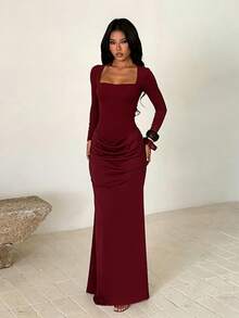 1pc Solid Color Elegant Sexy Knit Fabric Asymmetrical Dress For Party, Formal Dinner, Beach, Back To School, Bachelorette Party, Summer - Burgundy - View 5