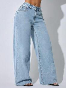 Plus Size Washed Blue High Waist Frayed Hem Wide Leg Jeans, Casual Y2K Autumn/Winter Style, Suitable For Moms, Autumn Fashion Essential - Blue - View 2