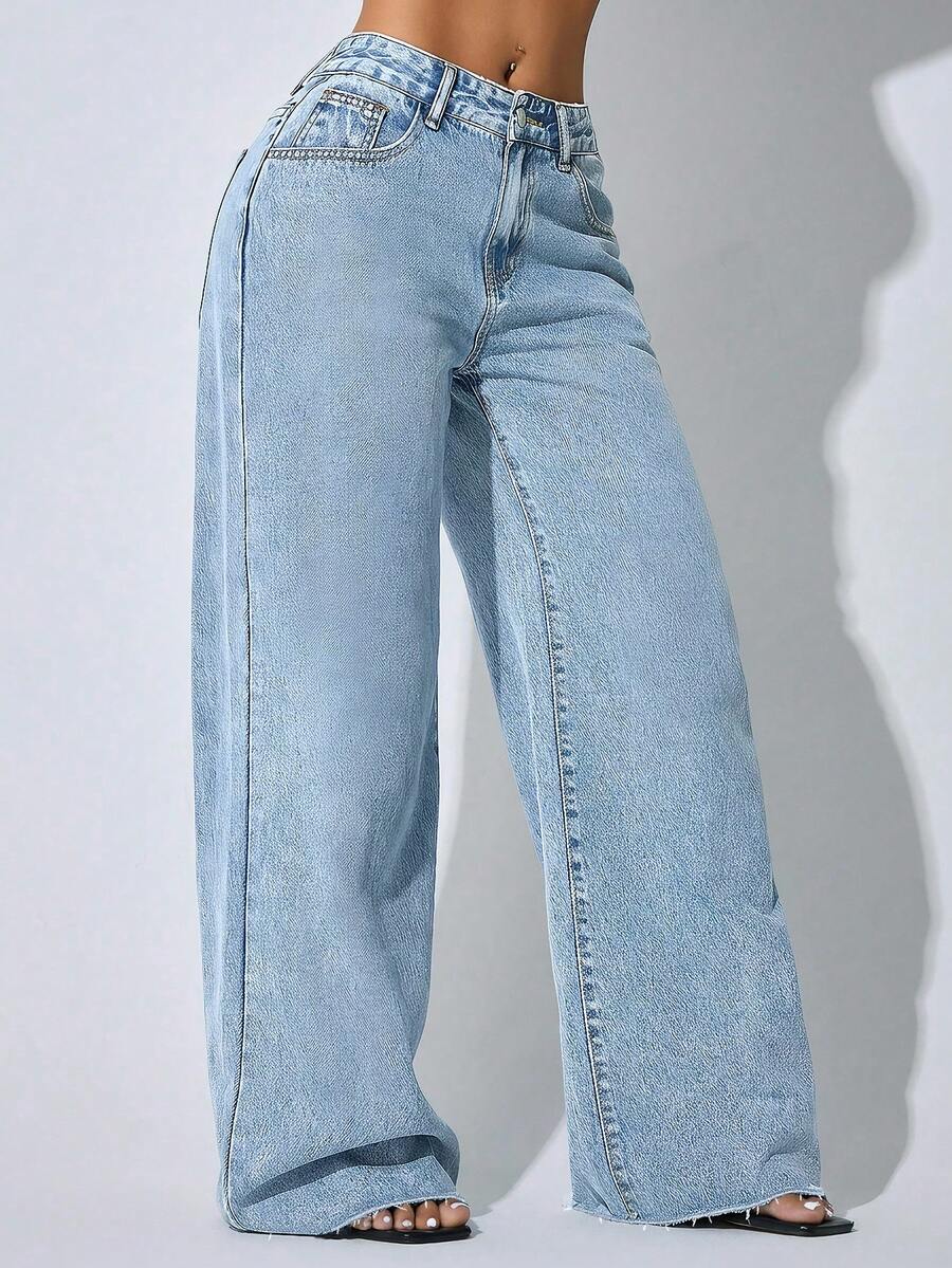 Plus Size Washed Blue High Waist Frayed Hem Wide Leg Jeans, Casual Y2K Autumn/Winter Style, Suitable For Moms, Autumn Fashion Essential