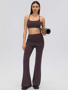 KyrLssu Celana Panjang Wanita Pinggang Tinggi Model Rok Mengembang, Desain Rok Berlapis, Potongan Bootcut Panjang dengan Tali Serut Samping - Coklat - View 2