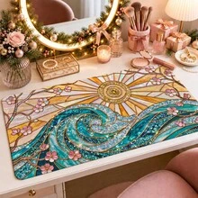 1pc Stained Glass Sun And Wave Mouse Pad, Turquoise Ocean, Floral And Golden Glass Art Pattern Extended Desk Mat For Home Office And Gaming, Sizes S/M/L/XL - View 4