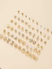 30 Pairs Classic Daily Women's Stud Earrings Set, Bowknot Heart Snowflake Sun Earrings Combination, Suitable For Casual Wear, Holiday Gift For Friends - Yellow Gold - View 4