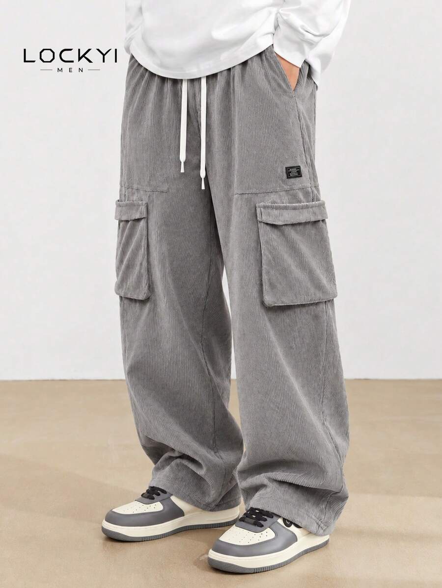 1pc Men's Casual Sports Outdoor Street Style Solid Color Multi-Pocket Corduroy Long Pants - Grey - View 1