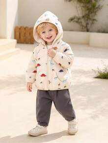 Baby Boy Cute Dinosaur Print Fleece Jacket, Comfortable Warm Casual Outdoor Playwear - Apricot - View 7