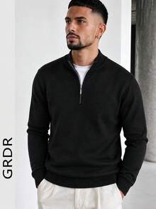 Men's Black Half-Zip Stand Collar Knit Sweater, Solid Color Slim Fit Long Sleeve Pullover Base Layer, Casual Commute Layering Top, Autumn/Winter - Black - View 6