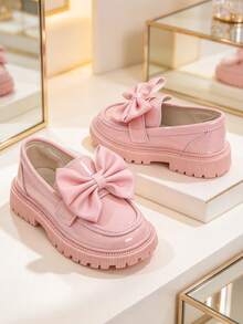 Girls' Shiny Patent Leather Thick Sole Loafers, Rhinestone Bow Slip-On Non-Slip Dress Shoes - Pink - View 5