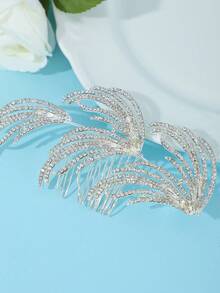 1pc Vintage Elegant Rhinestone Phoenix Tail Bridal Hair Accessory, Sparkling Crystal Leaf Hair Comb - Silver - View 4