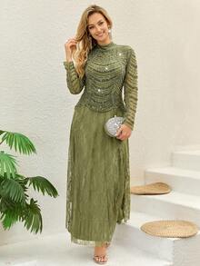 JINLICX Sage Green Beaded Long Sleeve Floral Lace Modest Evening Maxi Dress - Dark Green - View 5