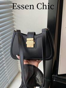 1pc Black Metal Hardware Decor Solid Color PU Baguette Shoulder Bag For Women - Black - View 7