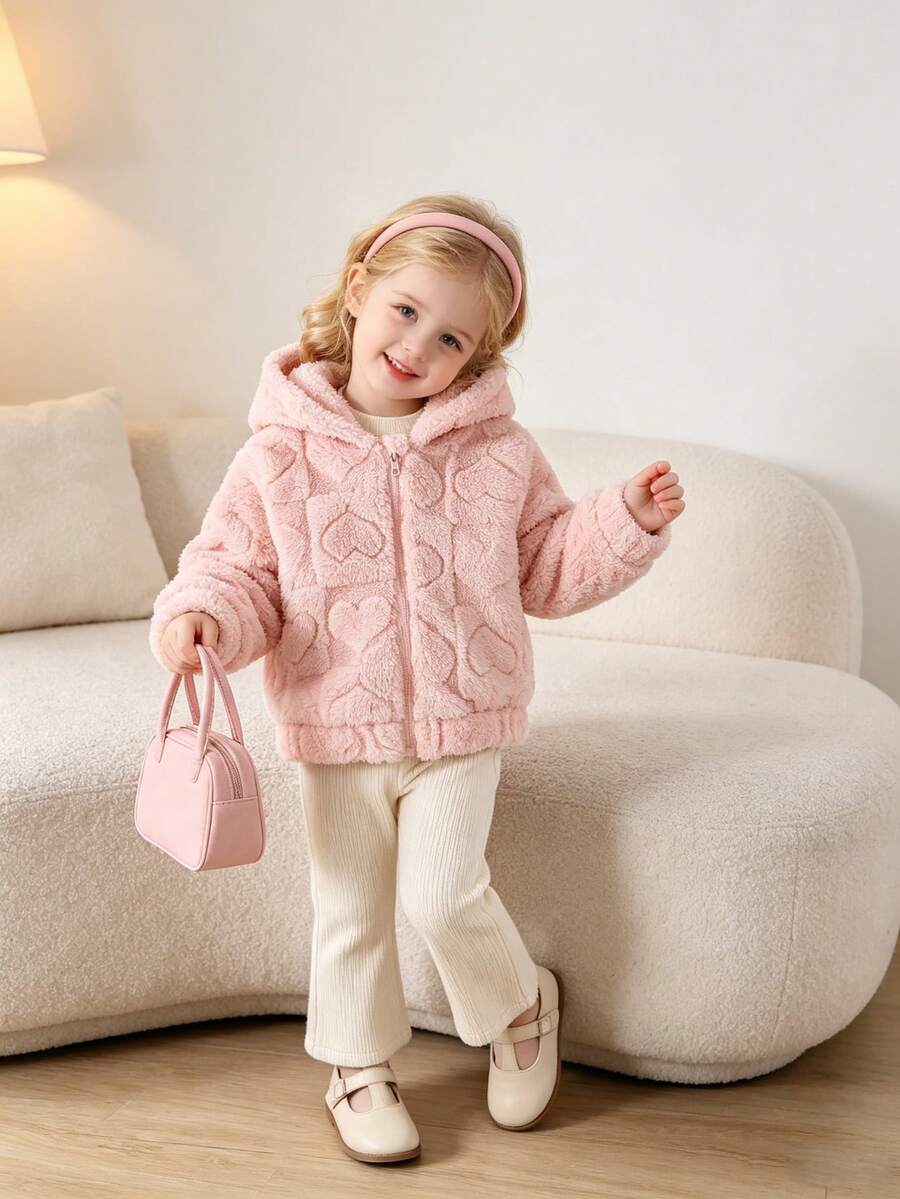 Young Girls Autumn/Winter Fashion Sweet Plush Jacket, Pink Hooded Long Sleeve Zipper Coat, Warm And Comfortable French Style Versatile Wear
