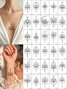 30pcs Henna Temporary Tattoos, Waterproof, Sweat-Resistant, Easy To Use - Black - View 12