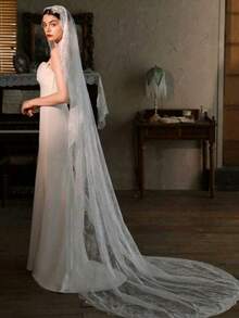 1pc Lace Bridal Veil, Vintage Mid-Length Cathedral Style Wedding Veil With Long Train, Bridal Headpiece - White - View 5