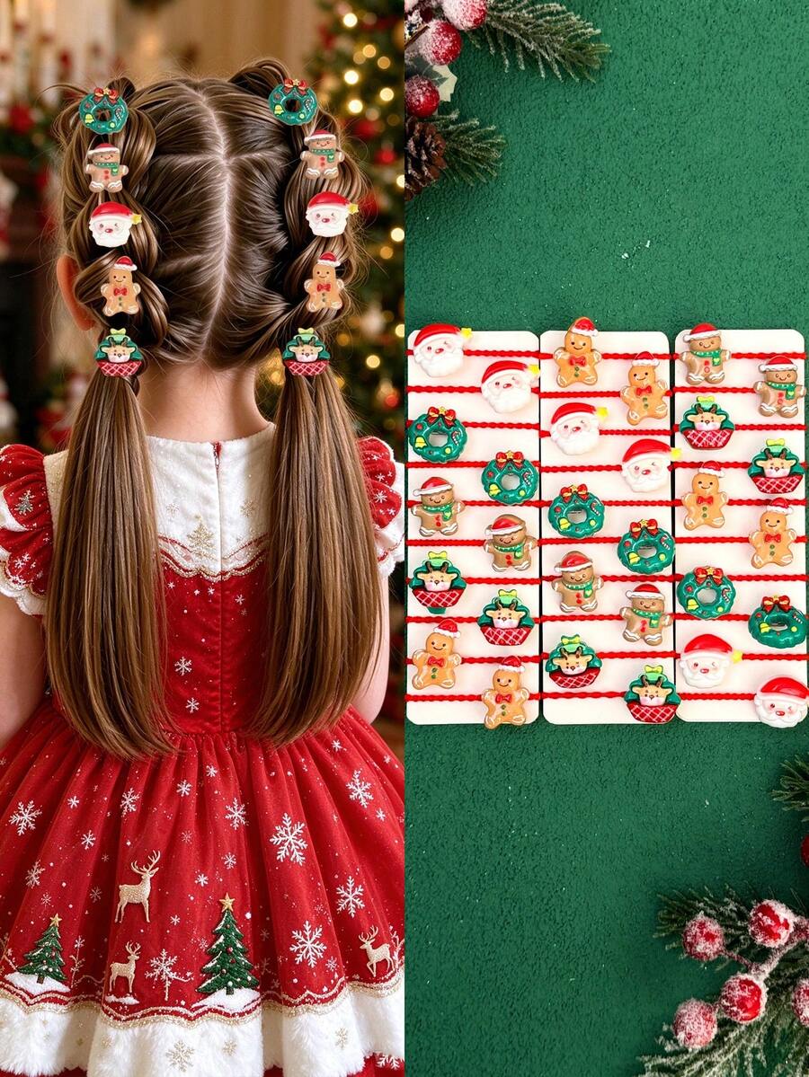 12/24/36pcs Random Christmas Series Kids High Elasticity Hair Ties, 3D Cartoon Pattern, Holiday Dress Up Girls Hair Accessories - Multicolor - View 1