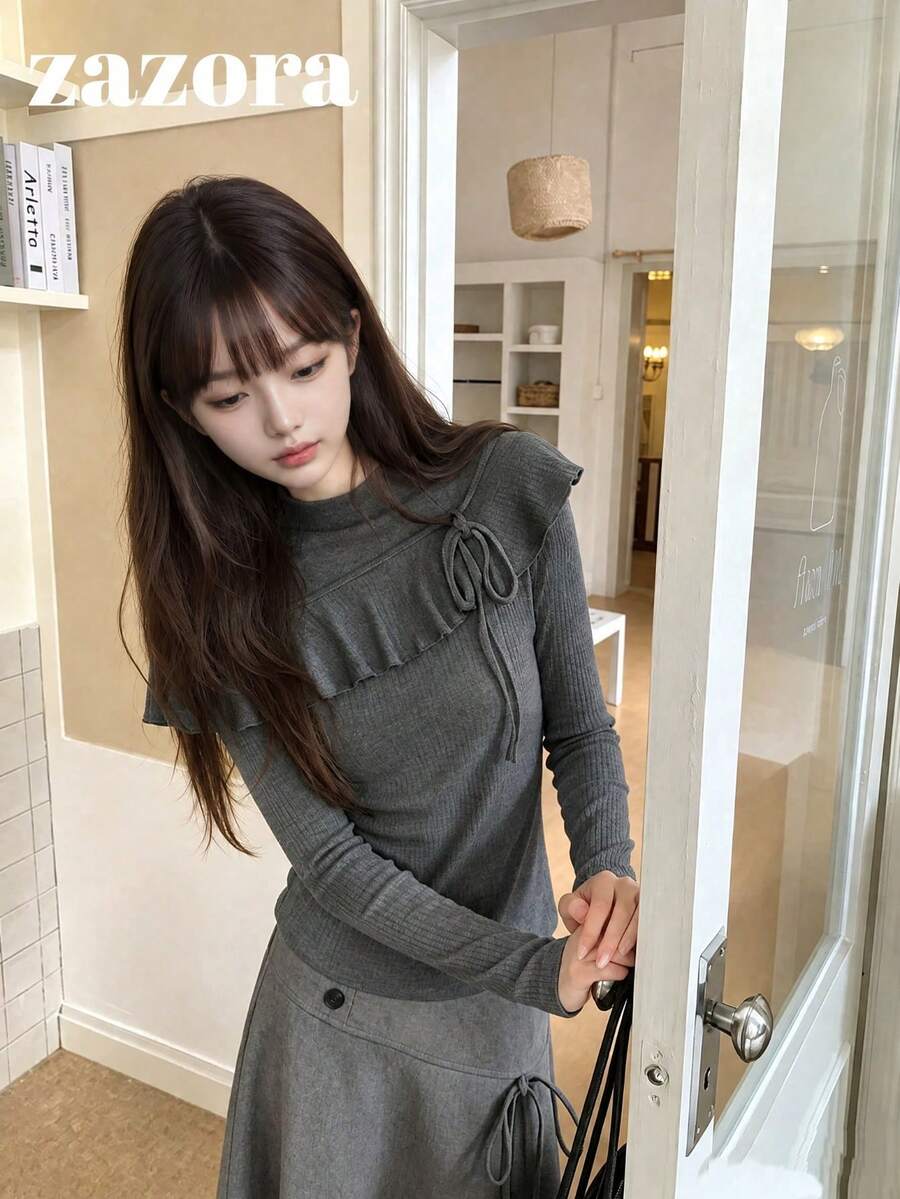 2-In-1 Ruffle Trim Long Sleeve Base Layer Top, Solid Color Minimalist Slim Fit Flattering T-Shirt, Autumn Apparel - Grey - View 1
