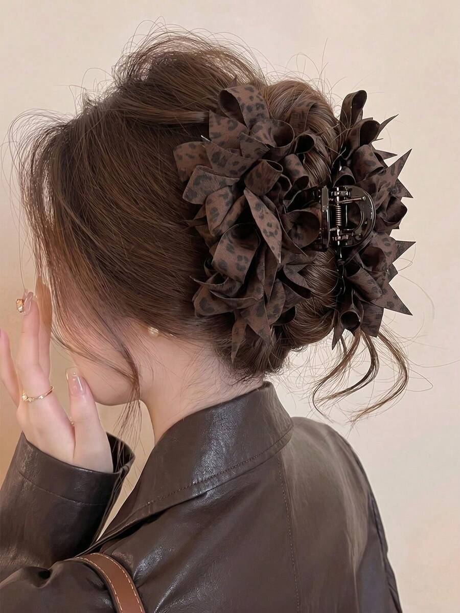 1pc Women's Large Leopard Print Chiffon Hair Clip, Layered Ruffle Fabric French Style Hair Clip, Elegant Updo And Bun Hair Accessory - Multicolor - View 1
