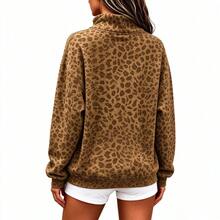 Women's Plus Size Fashion Casual Leopard Print Long Sleeve Sweatshirt With Faux Collar And Pockets (Autumn/Winter) - Coffee Brown - View 3
