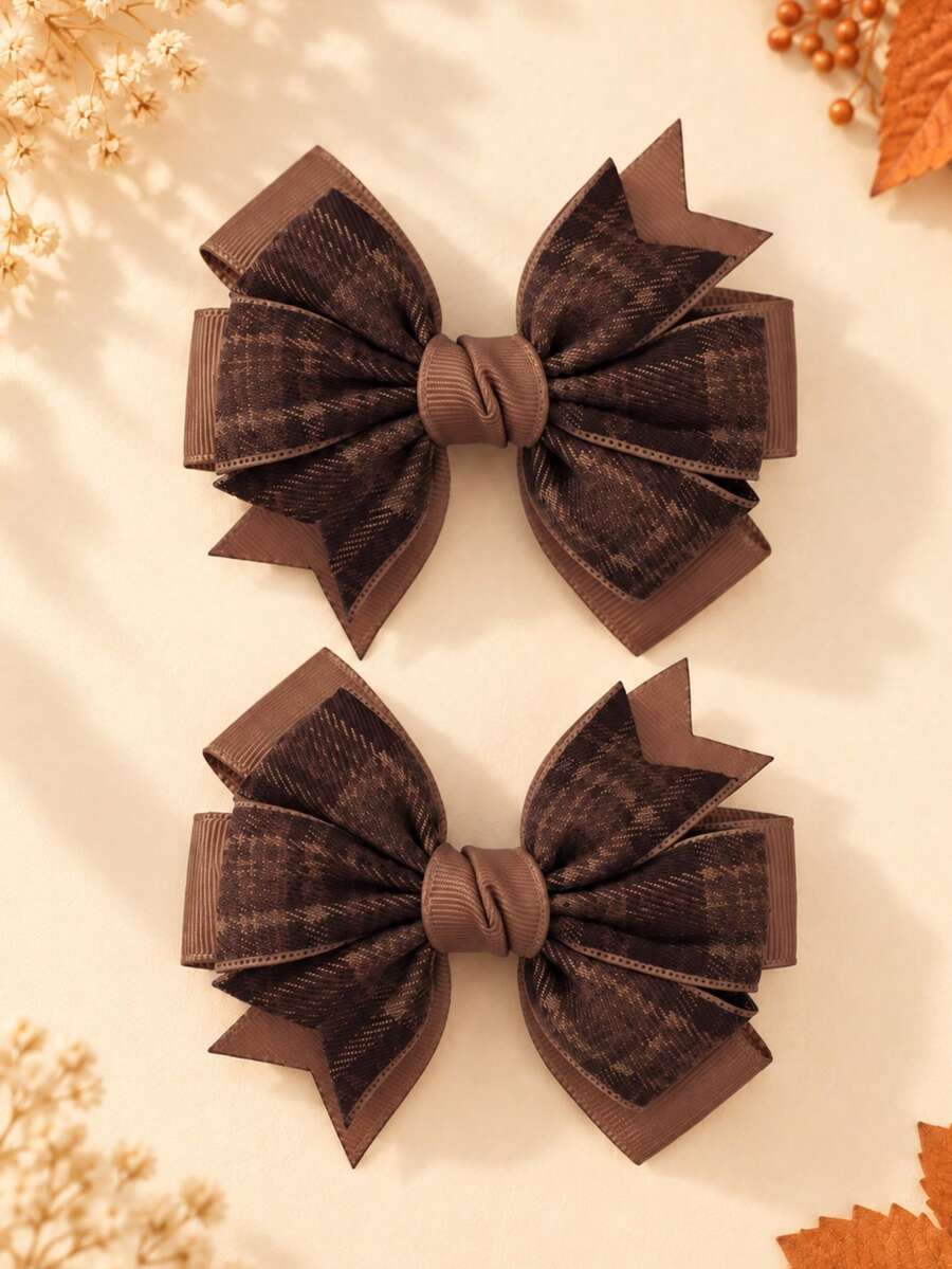 2pcs Brown Plaid Bow Hair Clips For Girls, Cute Hairpin, Party Daily Hair Accessories - Brown - View 1