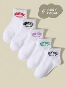 5雙兒童字母NEW YORK運動中筒襪 春夏款 休閒百搭 適合日常穿著/假期禮物/返校季/開學季 隨機配色 - 彩色 - 查看 8