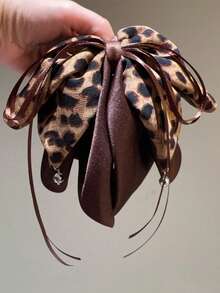 topshiny 1pc Leopard Print Satin Bow Ribbon Hair Claw Clip, New Women's Half-Up Ponytail Hair Claw For Back Of Head - Multicolor - View 7