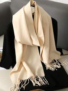 1pc 35*180cm Premium Fashion Elegant Solid Color Tassel Wool Scarf For Women, Autumn/Winter Casual Windproof Shawl, Suitable For Daily Wear - Beige - View 3
