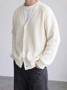 GRKC Men's Long Sleeve V-Neck Knit Cardigan With Button Front Closure, Casual Knit Jacket For Daily Wear, Autumn/Winter - Beige - View 7