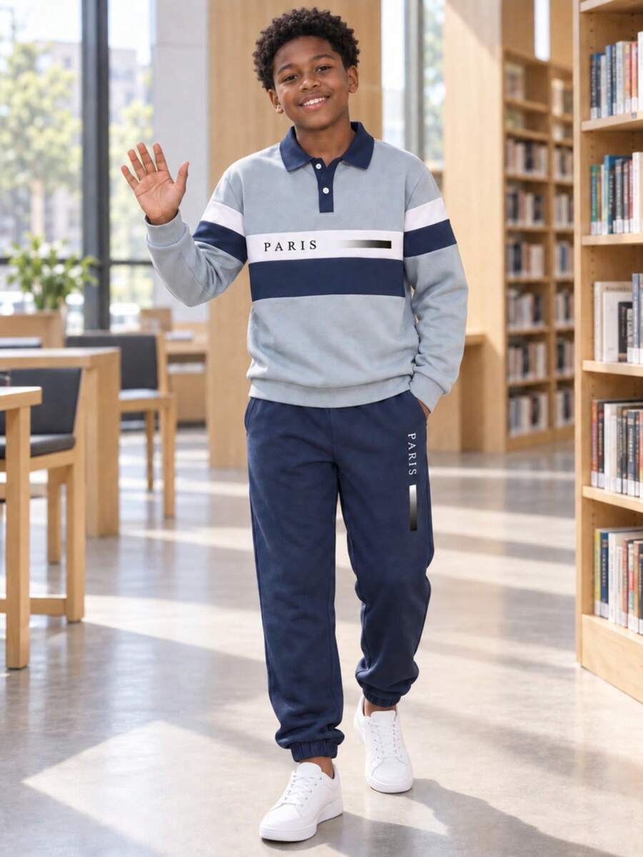 Teenager Spring/Autumn 2-Piece Set, Letter Striped Print Colorblock Polo Shirt With Matching Jogger Sweatpants, Versatile Casual Outfit For Students - Royal Blue - View 1