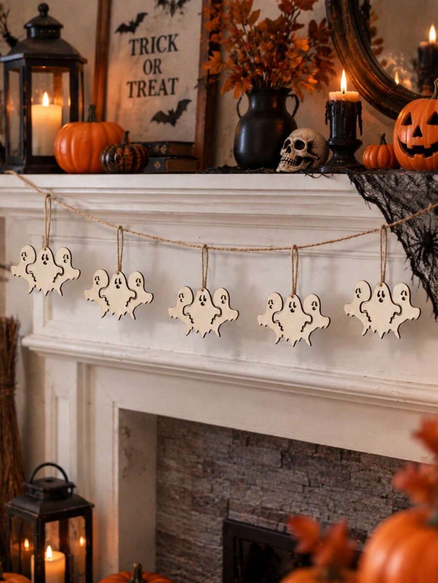 1 Set Halloween Ghost Wreath Banner Hanging Decor Hollow Pendant Gothic Style Wall Hanging Ornament, Suitable For Fireplace Mantel, Window, Porch, Front Door, Yard, Indoor/Outdoor, Bar, Cafe, Seasonal Holiday Party, Tabletop Display Wreath Decoration - Style 3 - View 1
