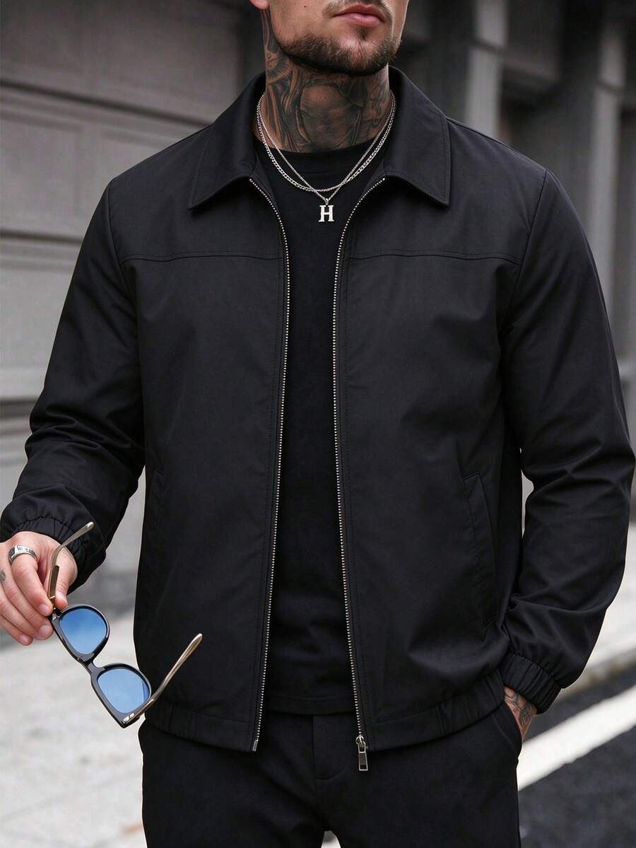Men's Pure Black Lapel Zipper Jacket, Minimalist Style Elastic Cuff Casual Outerwear, Suitable For Spring And Autumn Daily Wear - Black - View 1