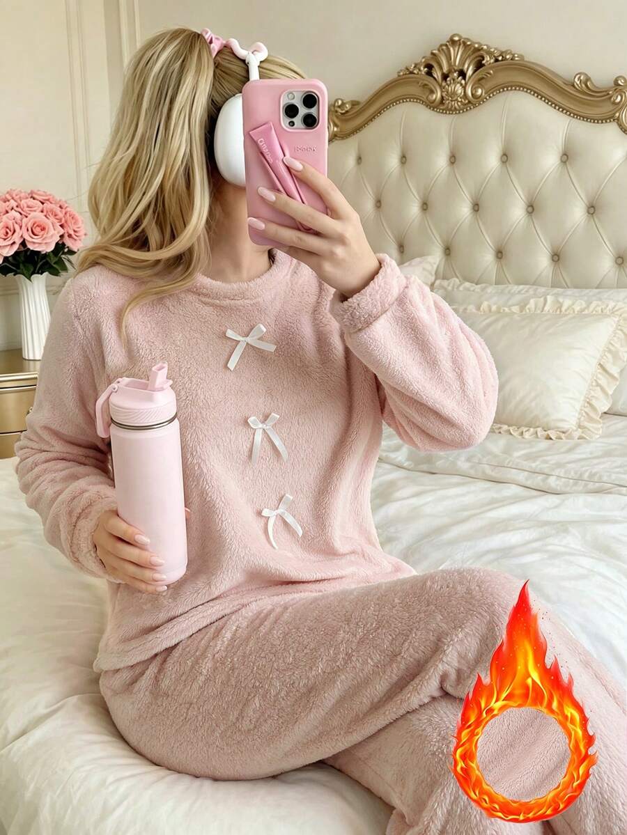 2pcs Women's Soft Plush Round Neck Long Sleeve Pajama Set, Bow Decor Loose Pants, Autumn/Winter Loungewear