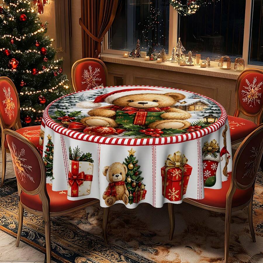 1pc Round Tablecloth, Christmas Theme, With Christmas Flowers, Snowflakes And Santa Claus Hat, Printed With "Merry Christmas" Greeting, Perfect For Family Dining, Kitchen And Holiday Party Table Decor - A - View 1