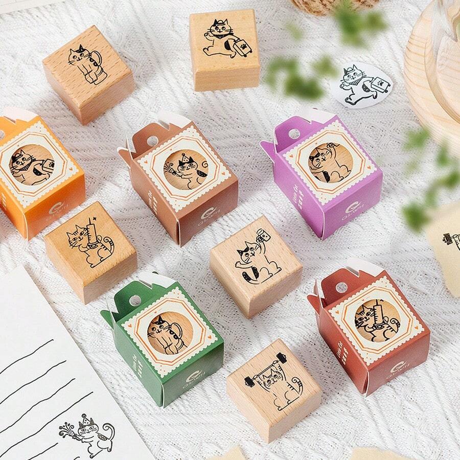 Cute Student Gifts And Prizes: Uniquely Designed Cat-Themed Wooden Stamps, Suitable For Daily Use. Single Cat Pattern Stamps, Applicable For Scrapbooking, Journaling And Photo Albums; Can Be Used As DIY Decoration Material. 8 Designs Available To Choose From