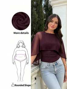 Plus Size Women's Romantic Elegant Fashion Chiffon Cape Design With Knit Ruched Lining, Fitted Bodysuit For Date And Party - Burgundy - View 3