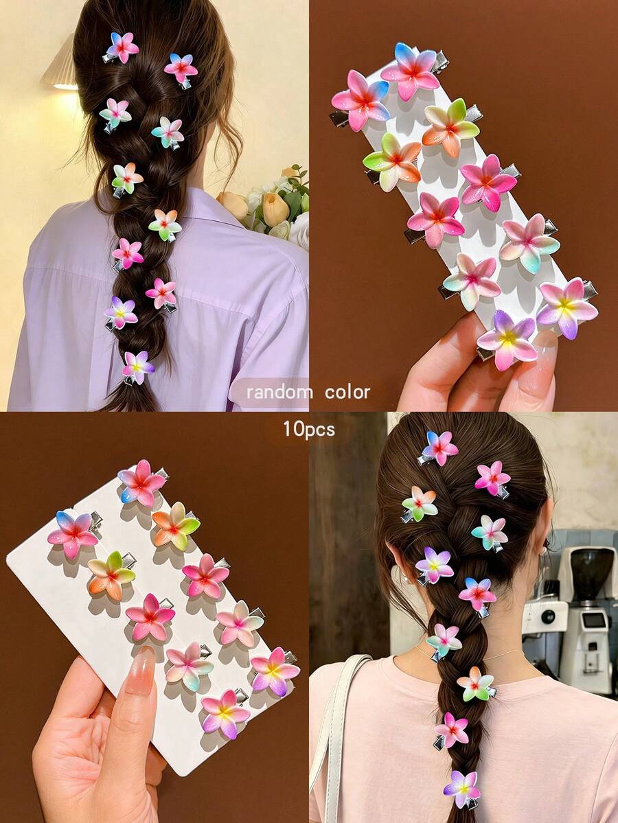10pcs Random Color Sweet Style Flower Hair Clips, Suitable For Daily Use Hair Accessories