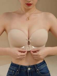 Women's Front Closure Strapless Wire-Free Bra, Thick Padded For Small Bust, Enhances Cleavage, Stable Fit, Convertible Straps With 2 Wearing Styles - Champagne - View 2
