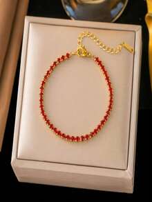 1pc Stainless Steel Square Rhinestone Inlaid Chain Bracelet For Women, Creative Design, Simple & Personalized, Fashionable, Suitable For Valentine's Day, Thanksgiving, Christmas Gifts, Daily Commute, Party, Holiday Wear, Affordable Gift Choice (OPP Bag Packaging, Box For Photo Only) - Yellow Gold - View 1