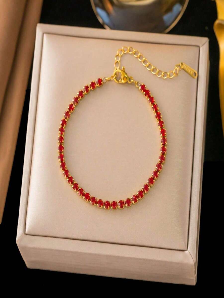 1pc Stainless Steel Square Rhinestone Inlaid Chain Bracelet For Women, Creative Design, Simple & Personalized, Fashionable, Suitable For Valentine's Day, Thanksgiving, Christmas Gifts, Daily Commute, Party, Holiday Wear, Affordable Gift Choice (OPP Bag Packaging, Box For Photo Only) - Yellow Gold - View 1