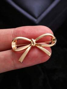 1pc European And American Style Metal Bow Brooch, Unique Design Niche Accessory, Anti-Exposure V-Neck Pin, Versatile - Gold - View 2