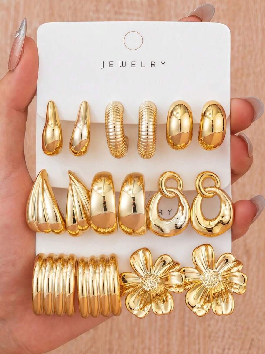 2/8 Pairs Vintage Gold Earrings Set, Fashion Shiny Metal Dangle Flower Earrings Gift Box, Suitable For Women's Daily And Party Wear Jewelry - Gold - View 1