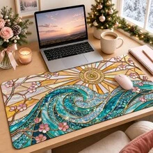 1pc Stained Glass Sun And Wave Mouse Pad, Turquoise Ocean, Floral And Golden Glass Art Pattern Extended Desk Mat For Home Office And Gaming, Sizes S/M/L/XL - View 10
